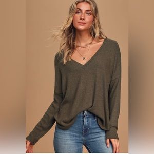 Lulus-Just Vibing Olive Green Ribbed V-Neck Sweater Top
